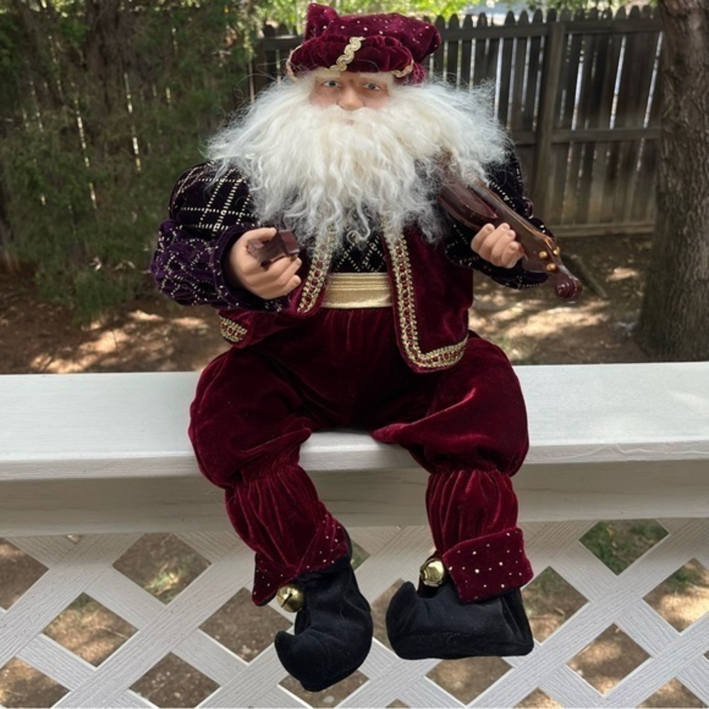 Costco Kirkland Velvet 14" Santa w/Fiddle Shelf Sitter Christmas Decor Mantel - Picture 3 of 16